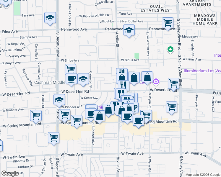 map of restaurants, bars, coffee shops, grocery stores, and more near 3264 Andrea Street in Las Vegas