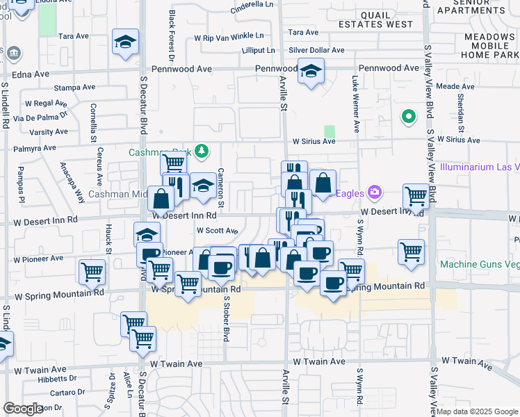 map of restaurants, bars, coffee shops, grocery stores, and more near 4464 West Desert Inn Road in Las Vegas