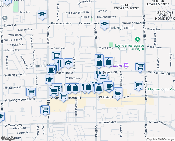 map of restaurants, bars, coffee shops, grocery stores, and more near 4464 West Desert Inn Road in Las Vegas