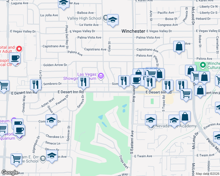 map of restaurants, bars, coffee shops, grocery stores, and more near 2165 Sombrero Drive in Las Vegas