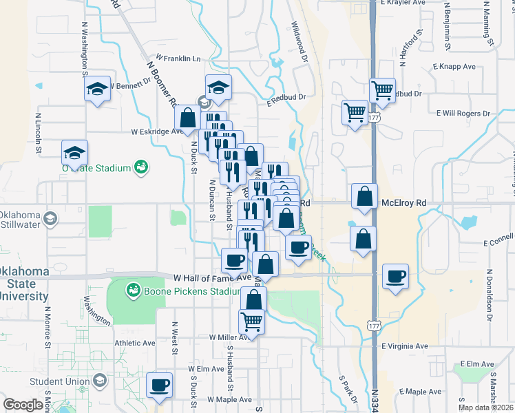 map of restaurants, bars, coffee shops, grocery stores, and more near 723 North Boomer Road in Stillwater