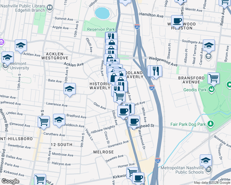 map of restaurants, bars, coffee shops, grocery stores, and more near 2114 Elliott Avenue in Nashville
