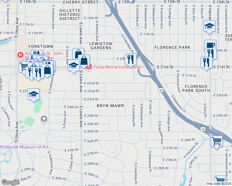 map of restaurants, bars, coffee shops, grocery stores, and more near 2610 East 22nd Place in Tulsa