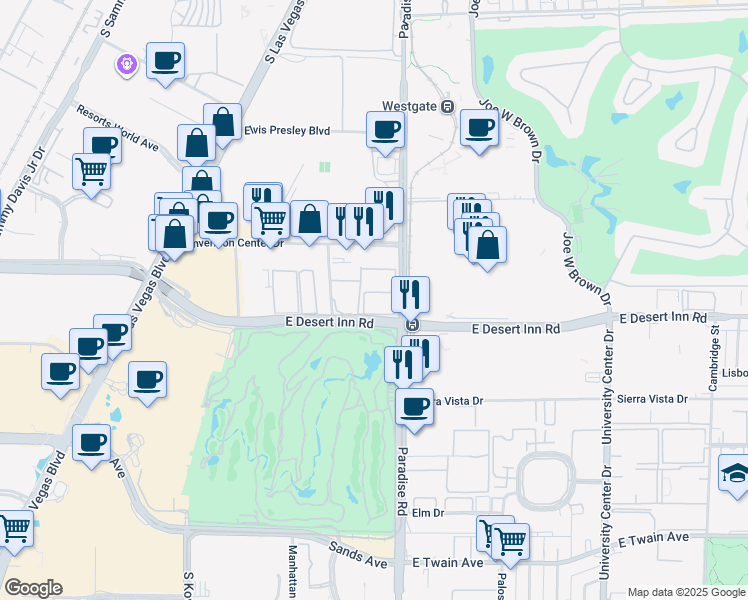 map of restaurants, bars, coffee shops, grocery stores, and more near 3275 Paradise Road in Las Vegas
