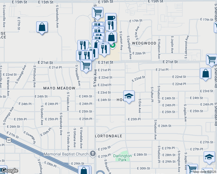 map of restaurants, bars, coffee shops, grocery stores, and more near 4944 E 22nd Pl in Tulsa