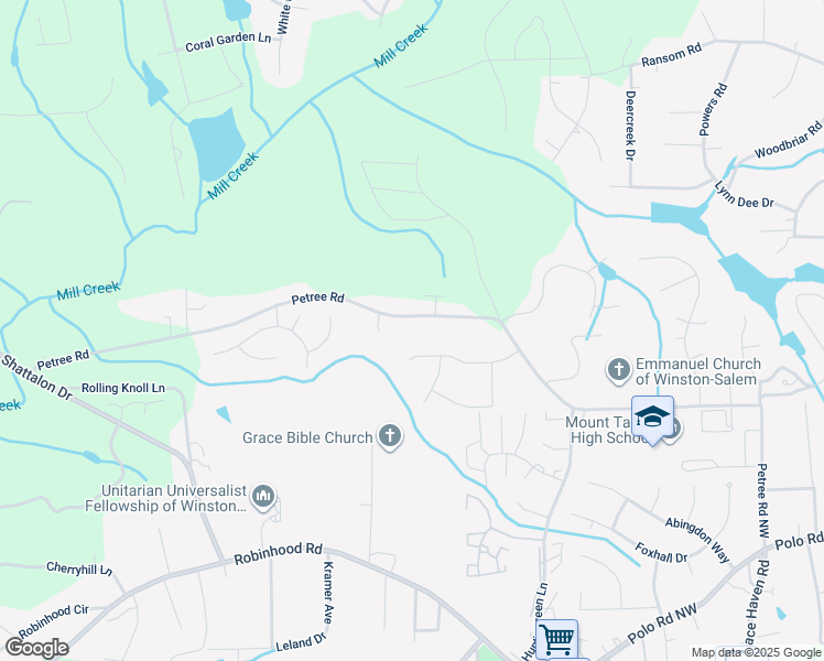 map of restaurants, bars, coffee shops, grocery stores, and more near 800 Petree Road in Winston-Salem