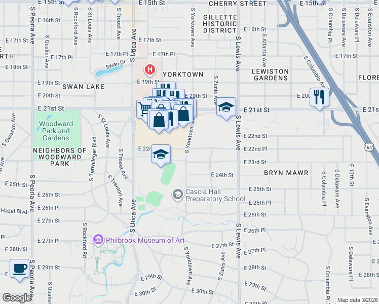 map of restaurants, bars, coffee shops, grocery stores, and more near 2102 East 22nd Place in Tulsa