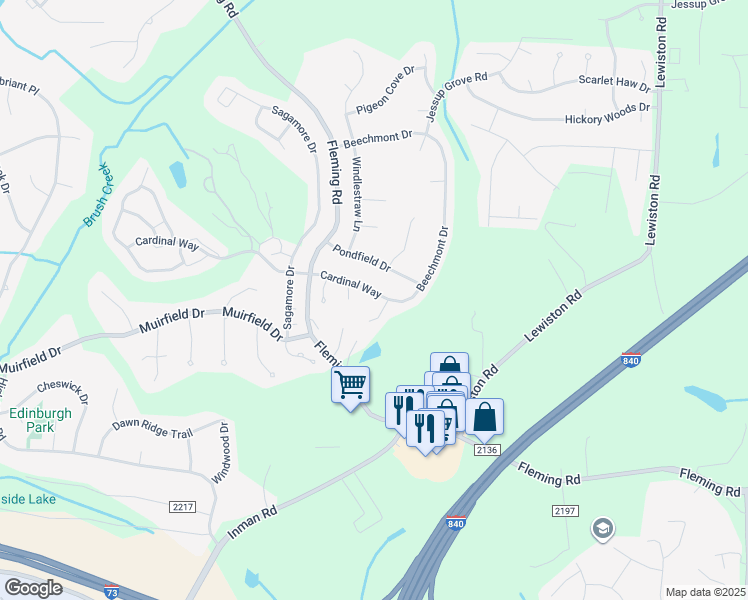 map of restaurants, bars, coffee shops, grocery stores, and more near 5405 Cardinal Way in Greensboro