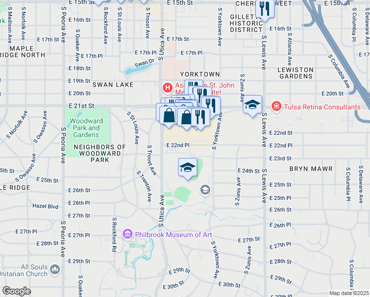 map of restaurants, bars, coffee shops, grocery stores, and more near 2200 South Utica Place in Tulsa