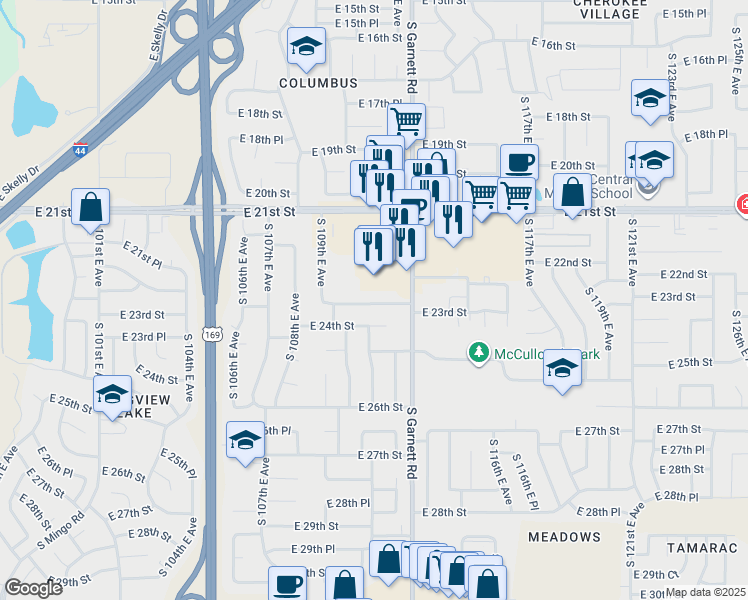 map of restaurants, bars, coffee shops, grocery stores, and more near 10951 East 23rd Street in Tulsa
