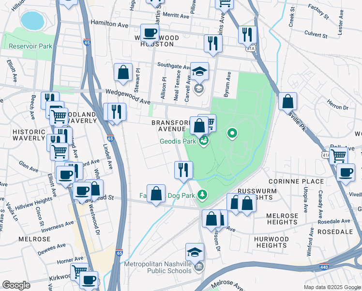 map of restaurants, bars, coffee shops, grocery stores, and more near 2130 Bransford Avenue in Nashville