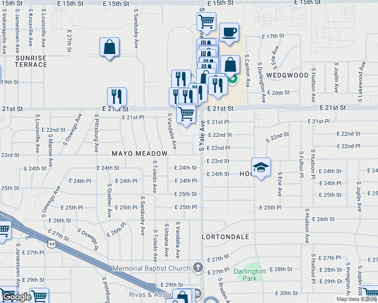 map of restaurants, bars, coffee shops, grocery stores, and more near 4727 East 23rd Street in Tulsa