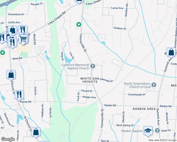 map of restaurants, bars, coffee shops, grocery stores, and more near 1302 Kenion Street in Greensboro
