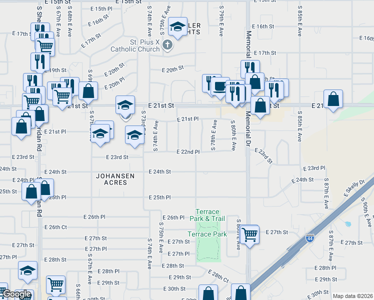 map of restaurants, bars, coffee shops, grocery stores, and more near 2186 South 76th East Place in Tulsa