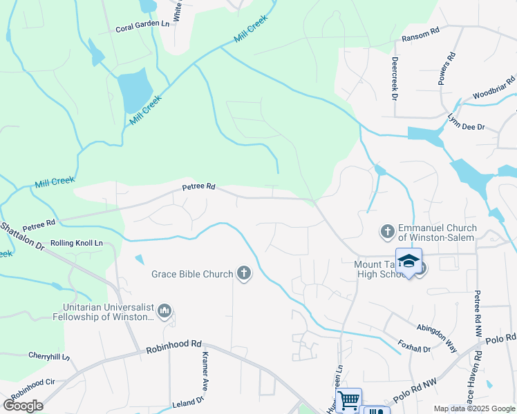 map of restaurants, bars, coffee shops, grocery stores, and more near 800 Petree Road in Winston-Salem
