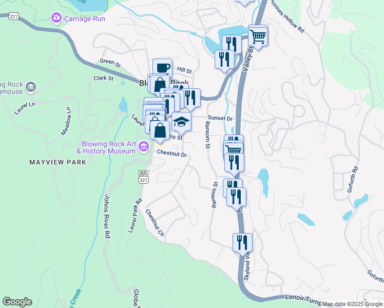 map of restaurants, bars, coffee shops, grocery stores, and more near 281 Chestnut Drive in Blowing Rock