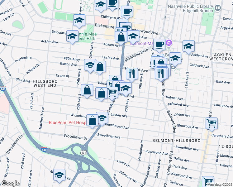 map of restaurants, bars, coffee shops, grocery stores, and more near 2100 Blair Blvd in Nashville