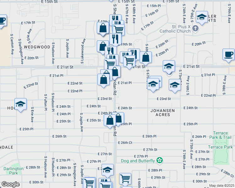 map of restaurants, bars, coffee shops, grocery stores, and more near 2181 South Sheridan Road in Tulsa
