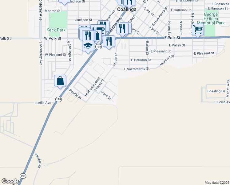 map of restaurants, bars, coffee shops, grocery stores, and more near 144 Arabian Street in Coalinga
