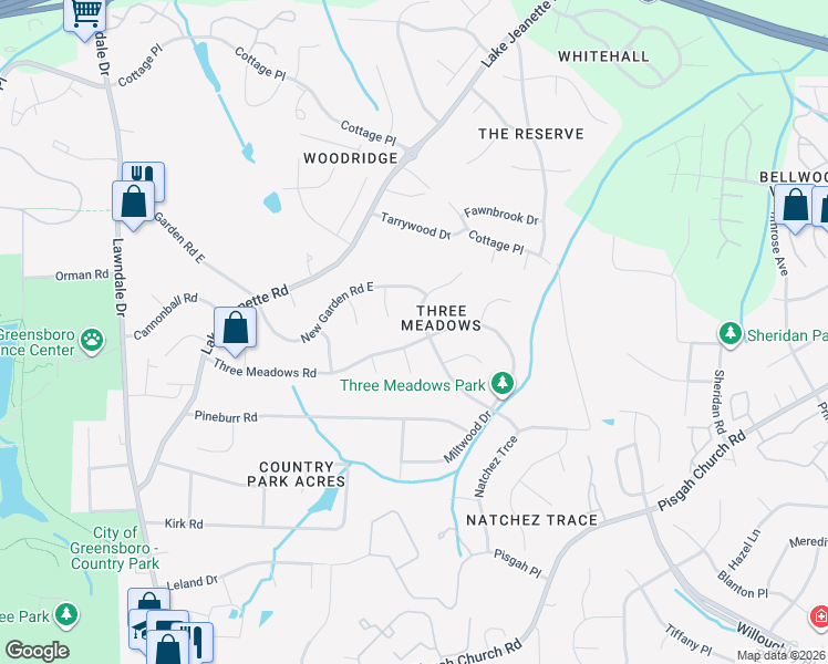 map of restaurants, bars, coffee shops, grocery stores, and more near 1710 Three Meadows Road in Greensboro