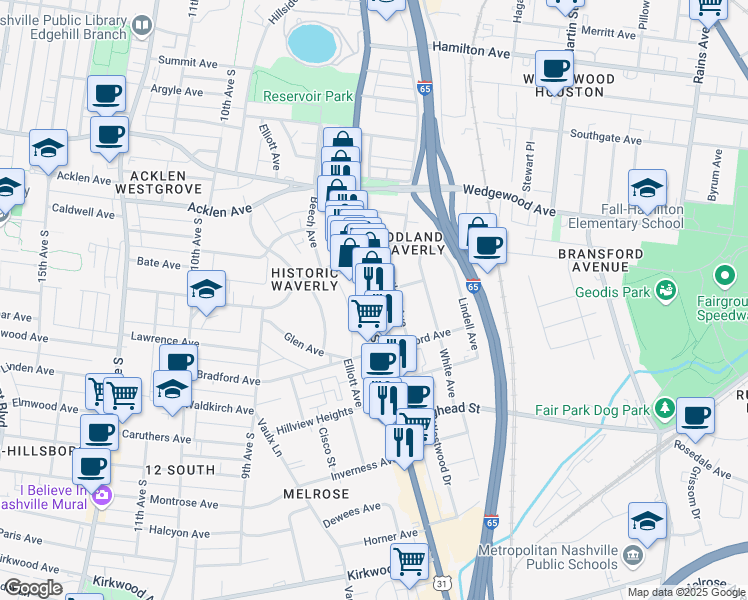 map of restaurants, bars, coffee shops, grocery stores, and more near 2200 8th Avenue South in Nashville