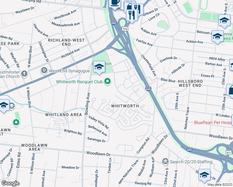 map of restaurants, bars, coffee shops, grocery stores, and more near 10 Warwick Lane in Nashville