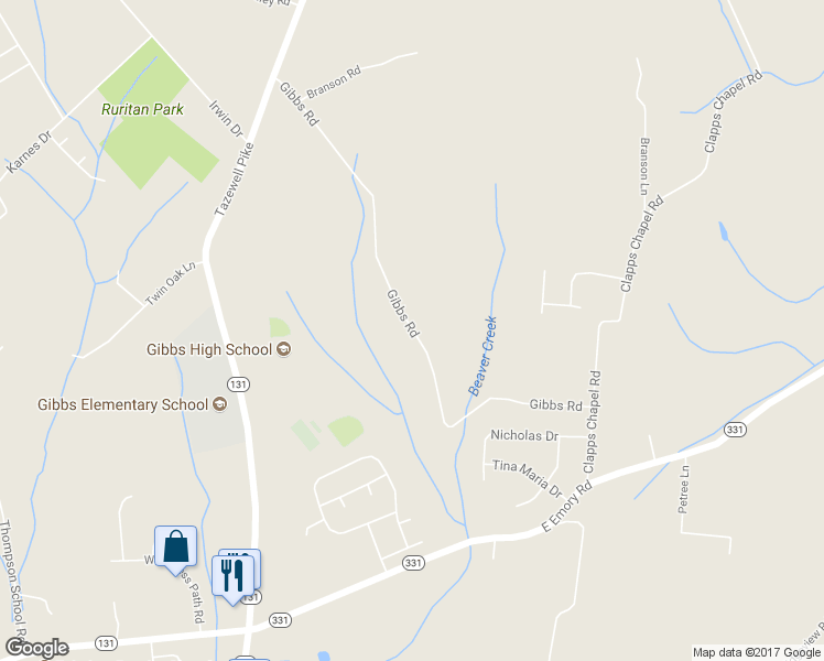 map of restaurants, bars, coffee shops, grocery stores, and more near 7641 Gibbs Road in Corryton