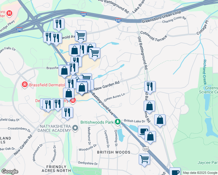 map of restaurants, bars, coffee shops, grocery stores, and more near 2208 New Garden Road in Greensboro