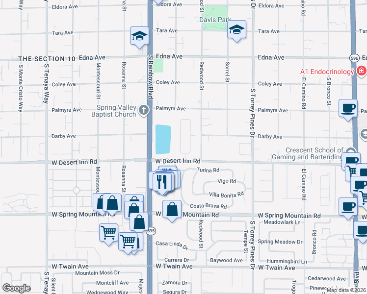 map of restaurants, bars, coffee shops, grocery stores, and more near 3245 Cambridgeshire Street in Las Vegas