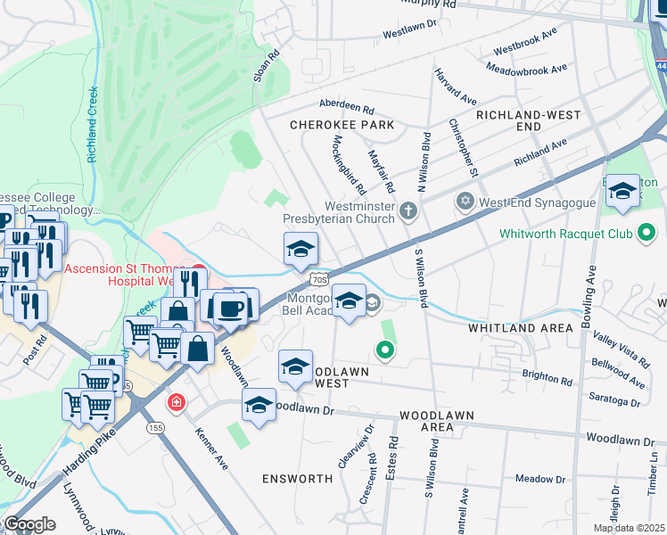map of restaurants, bars, coffee shops, grocery stores, and more near 101 Cherokee Road in Nashville