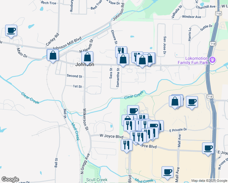 map of restaurants, bars, coffee shops, grocery stores, and more near 2408 Sam Street in Fayetteville