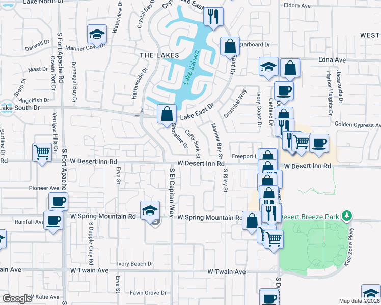 map of restaurants, bars, coffee shops, grocery stores, and more near 3308 Shoreline Drive in Las Vegas