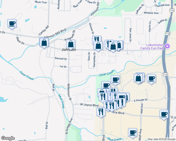 map of restaurants, bars, coffee shops, grocery stores, and more near 2408 Sam St in Fayetteville