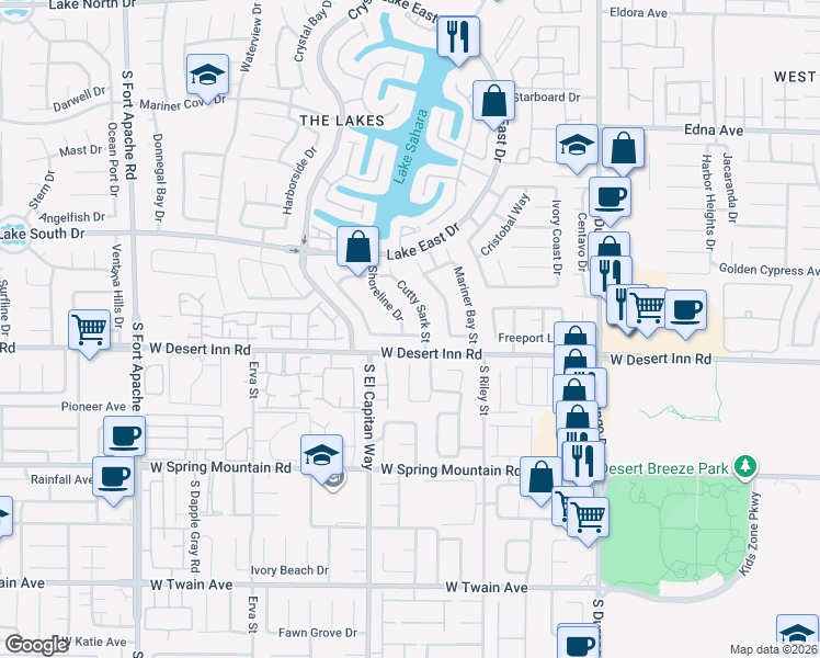 map of restaurants, bars, coffee shops, grocery stores, and more near 3308 Shoreline Drive in Las Vegas