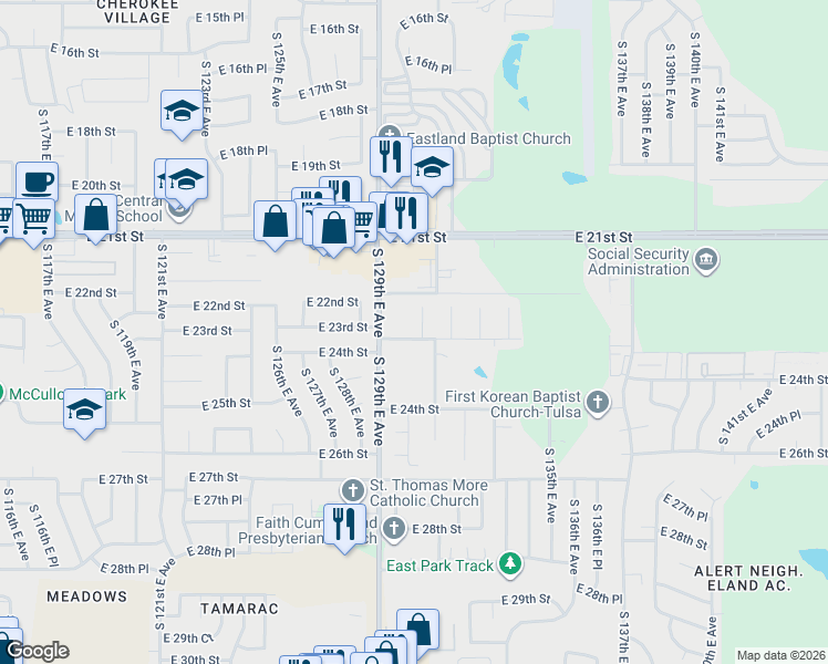 map of restaurants, bars, coffee shops, grocery stores, and more near 12927 East 23rd Street in Tulsa