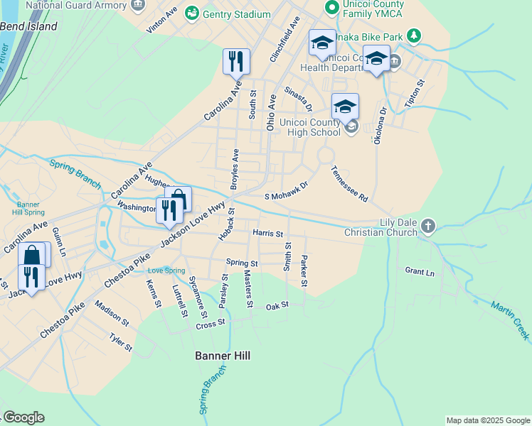 map of restaurants, bars, coffee shops, grocery stores, and more near 508 Williams Street in Erwin