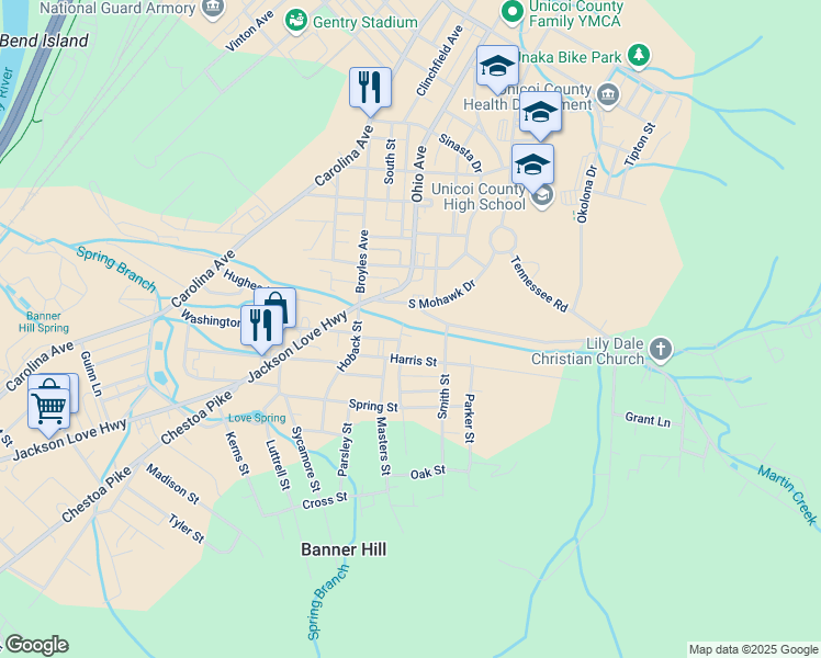 map of restaurants, bars, coffee shops, grocery stores, and more near 508 Williams Street in Banner Hill