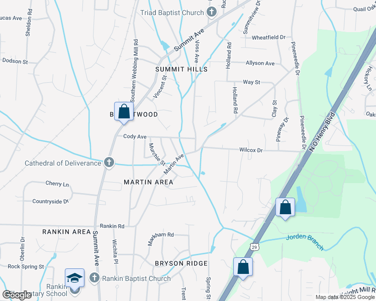 map of restaurants, bars, coffee shops, grocery stores, and more near 3719 Martin Avenue in Greensboro