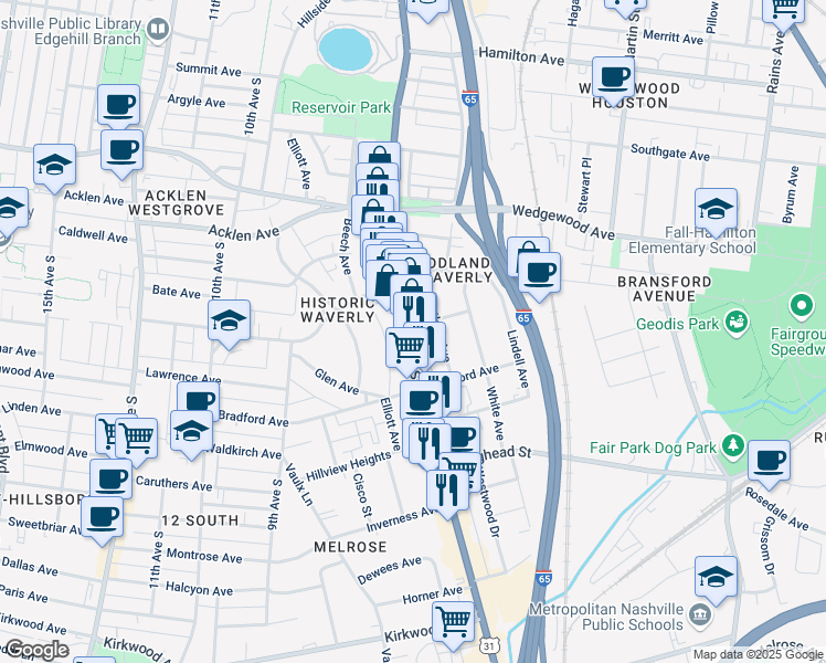 map of restaurants, bars, coffee shops, grocery stores, and more near 2200 8th Avenue South in Nashville
