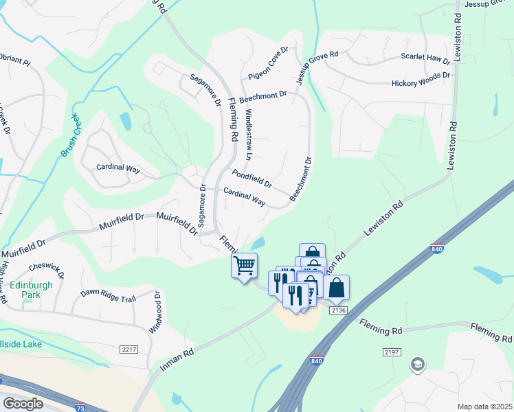 map of restaurants, bars, coffee shops, grocery stores, and more near 5405 Cardinal Way in Greensboro