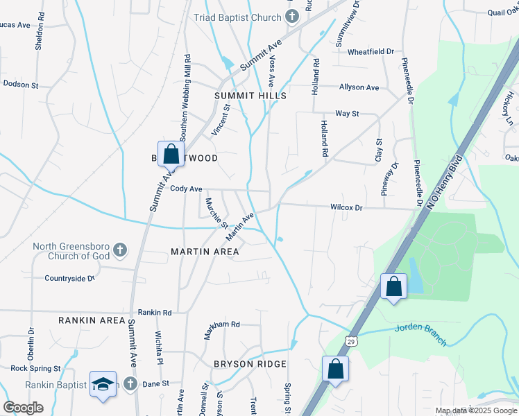 map of restaurants, bars, coffee shops, grocery stores, and more near 3719 Martin Avenue in Greensboro