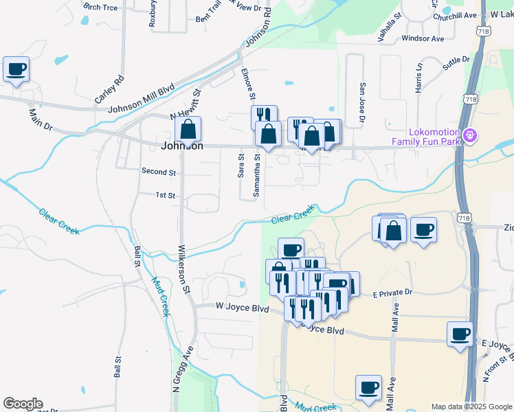 map of restaurants, bars, coffee shops, grocery stores, and more near 2300 Sam Street in Fayetteville