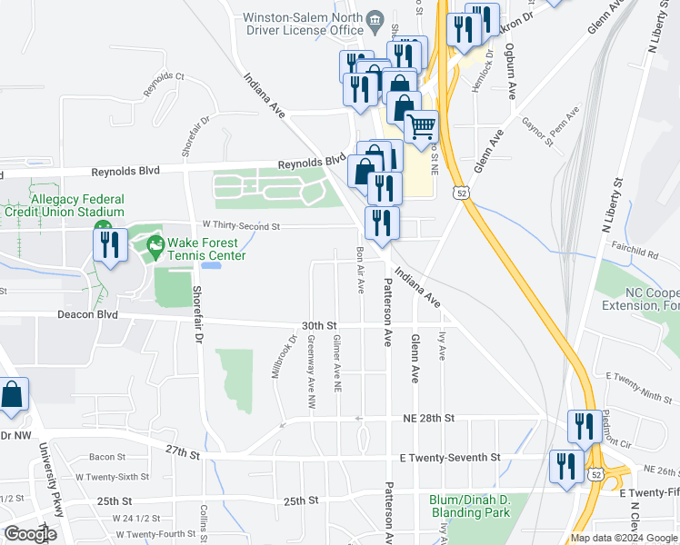 map of restaurants, bars, coffee shops, grocery stores, and more near 3061 Gilmer Avenue Northeast in Winston-Salem