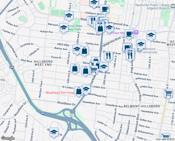 map of restaurants, bars, coffee shops, grocery stores, and more near 2119 Blair Boulevard in Nashville