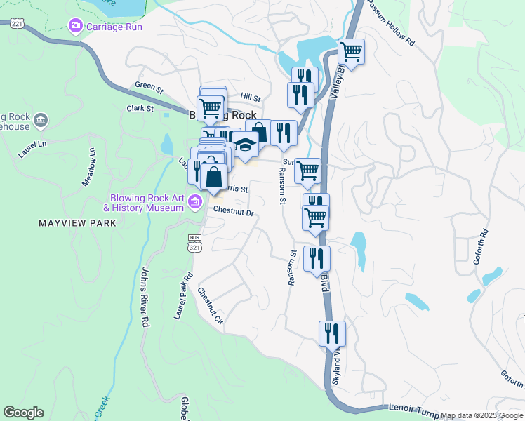 map of restaurants, bars, coffee shops, grocery stores, and more near 281 Chestnut Drive in Blowing Rock