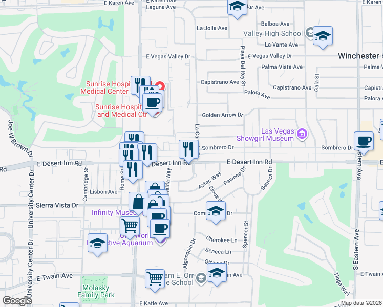 map of restaurants, bars, coffee shops, grocery stores, and more near 1471 Sombrero Drive in Las Vegas