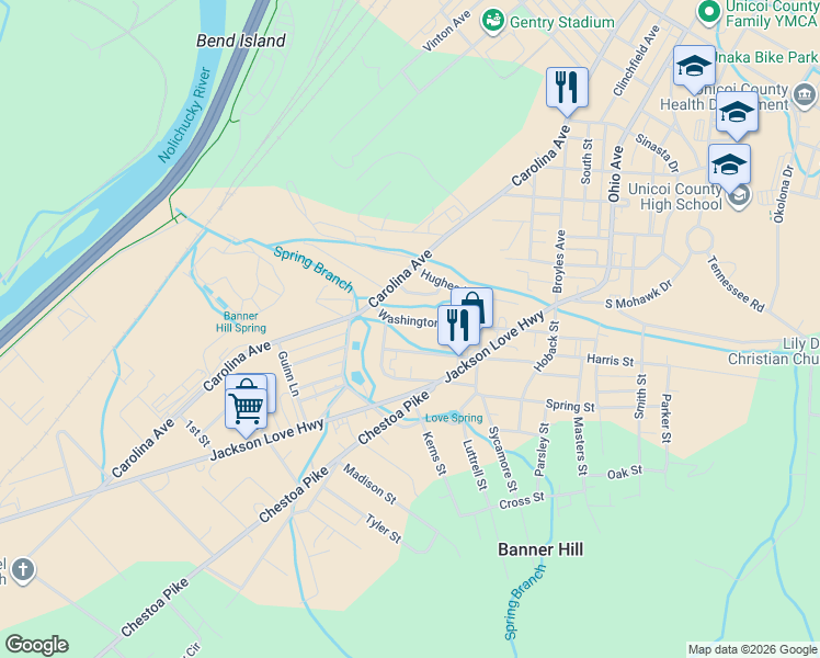 map of restaurants, bars, coffee shops, grocery stores, and more near 506 Washington St in Erwin