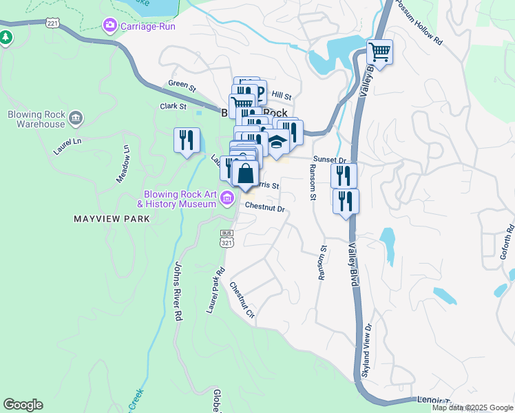 map of restaurants, bars, coffee shops, grocery stores, and more near 188 Chestnut Drive in Blowing Rock