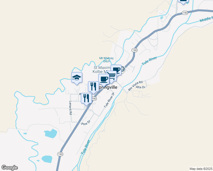 map of restaurants, bars, coffee shops, grocery stores, and more near California 190 & Tule River Drive in Springville