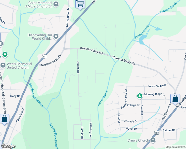 map of restaurants, bars, coffee shops, grocery stores, and more near 3627 San Carlos Road in Winston-Salem